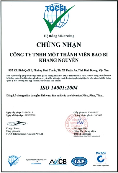 Chứng nhận ISO 14001-2004 - Bao Bì Khang Nguyễn - Công Ty TNHH Một Thành Viên Bao Bì Khang Nguyễn